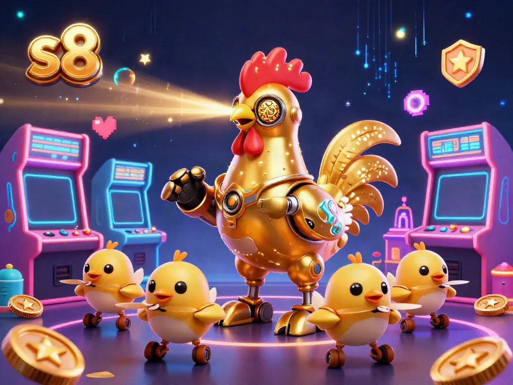 Experience thrilling gaming action with s8's vibrant 3D casino illustration featuring a golden rooster robot and arcade elements.