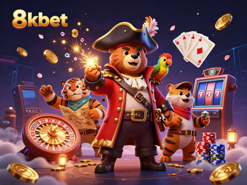 Experience the excitement of 8kbet with a pirate-themed casino adventure featuring sparkling gems and colorful chips.