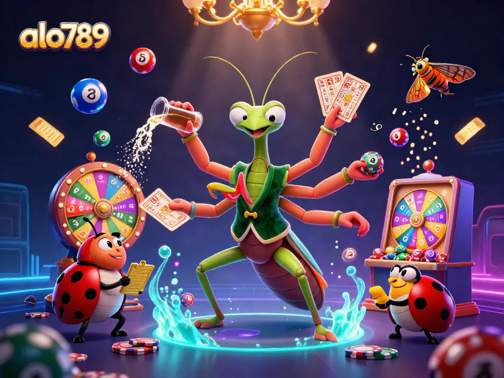 Engage with exciting games at alo789 as the giant praying mantis card sharp deals and pours champagne.