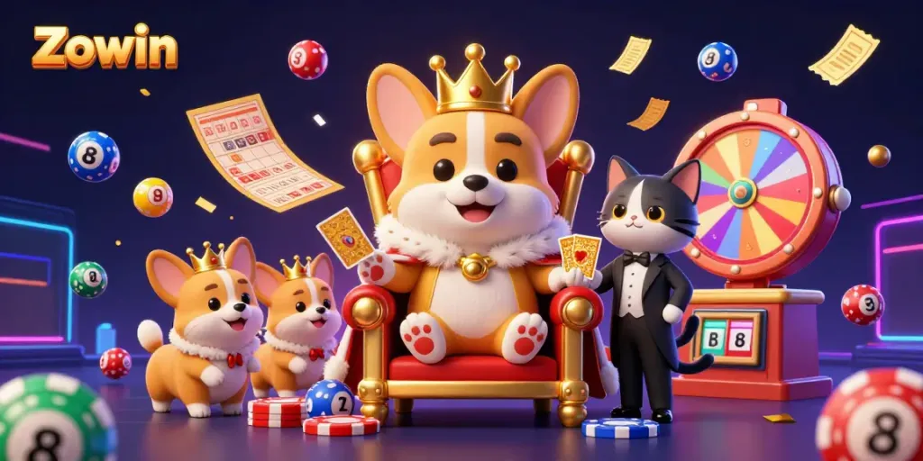 Experience the excitement of Zowin with royal corgi themed casino elements in a vibrant scene.