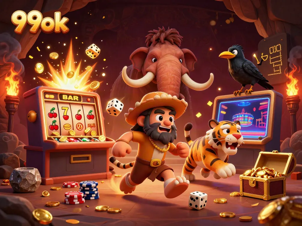 Engage in thrilling casino action at 99ok with a prehistoric scene of a caveman, tiger, and crow.