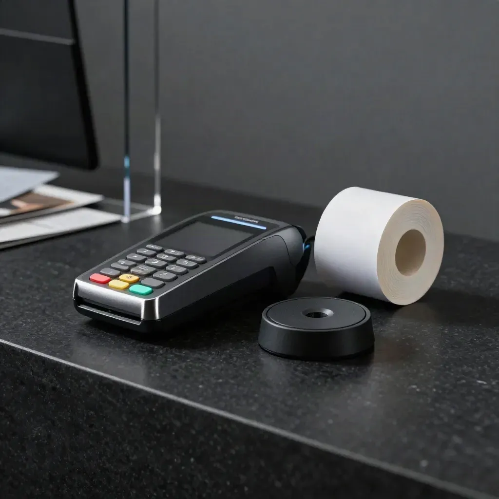 Checkout terminal, payment puck and receipt roll on dark stone with cool rim light.