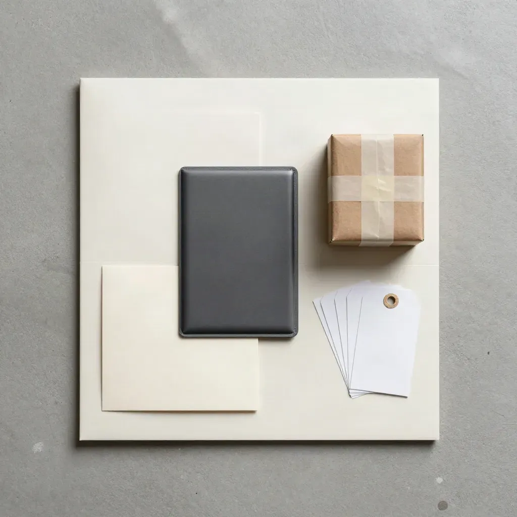 Overhead flatlay of an ivory panel, card terminal, parcel carton, and stock tags on grey concrete.