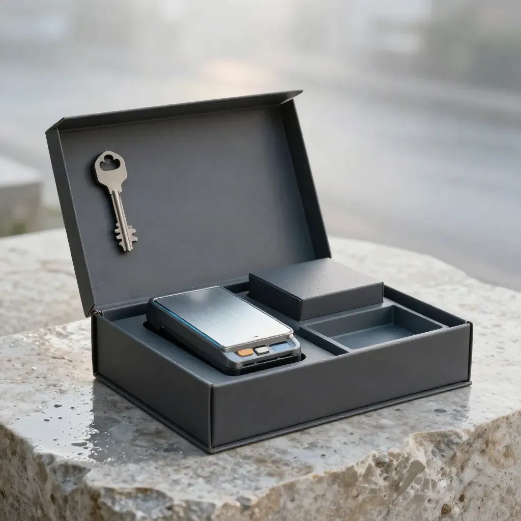Graphite ecommerce setup kit with terminal, carton and modules on wet limestone at dawn.
