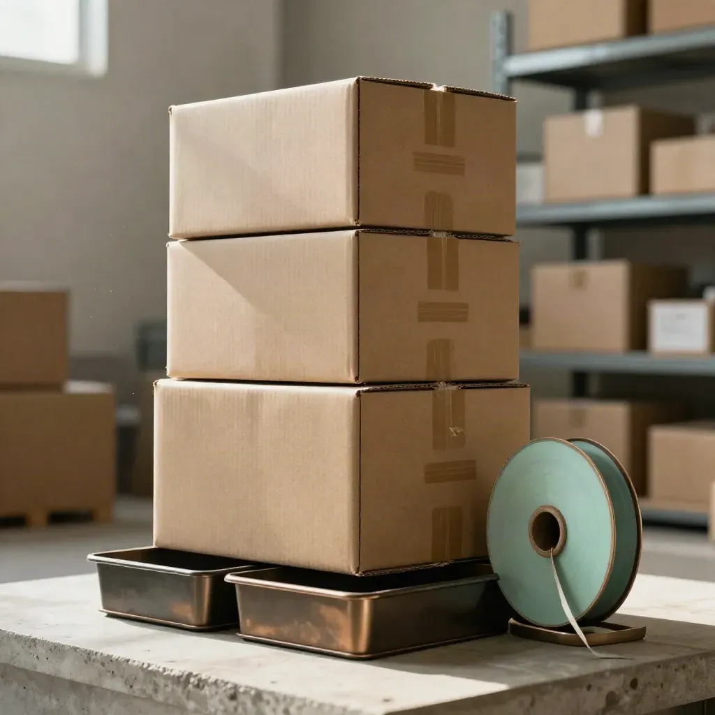 Matte inventory boxes, storage trays and a tag reel in a moody fulfilment hero shot.