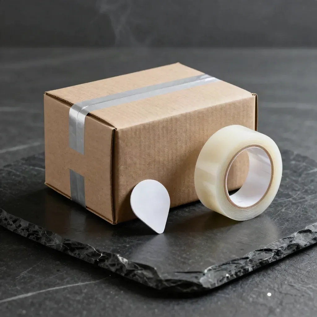 Courier parcel kit on black stone with a white route pin and tape roll in moody studio light.