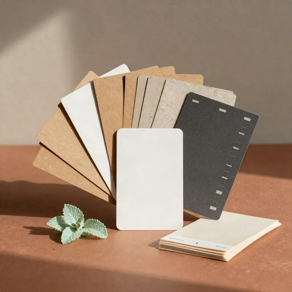 Blank growth kit card with paper swatches, mailers, and a mint sprig on terracotta plaster.