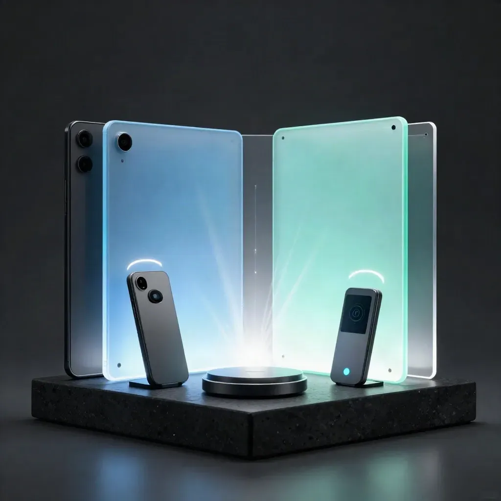 Futuristic ecommerce setup sculpture with glowing panels and a central payment puck on black stone.