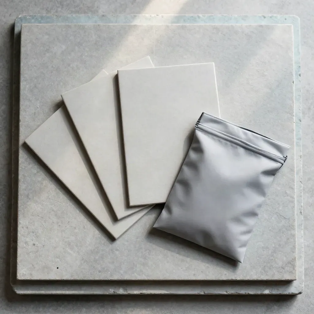 Overhead flatlay of pale tiles, sealed pouch and folded wrap card on cool stone.