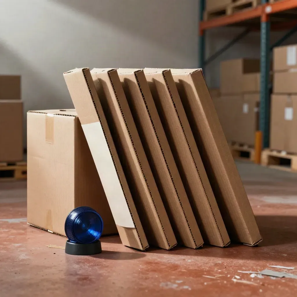 Stacked stock boxes with a navy alert disc and out-of-focus slip in a dusty warehouse bay.