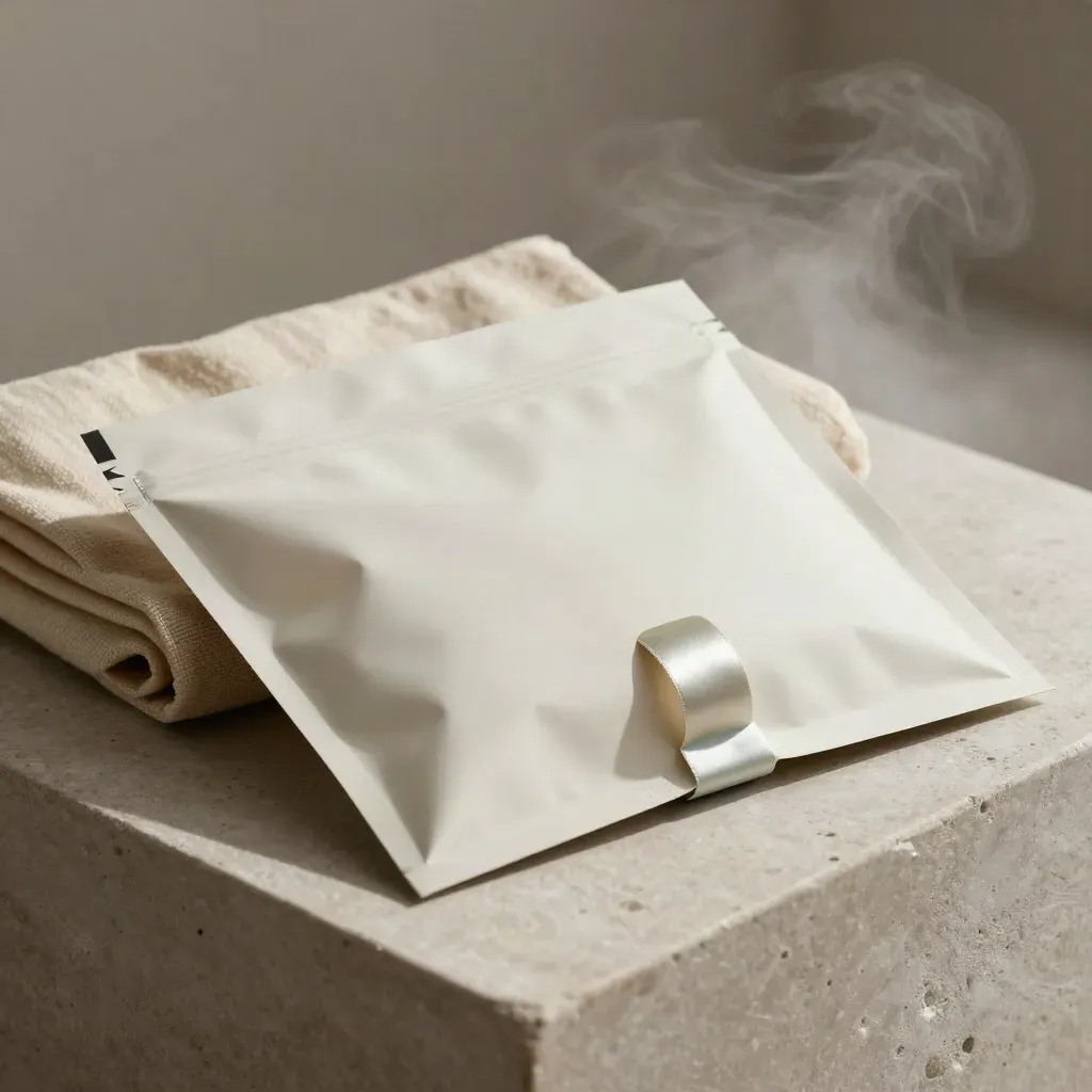 Soft-white returns kit with pouch and routing ring on stone, lit like a premium product hero.