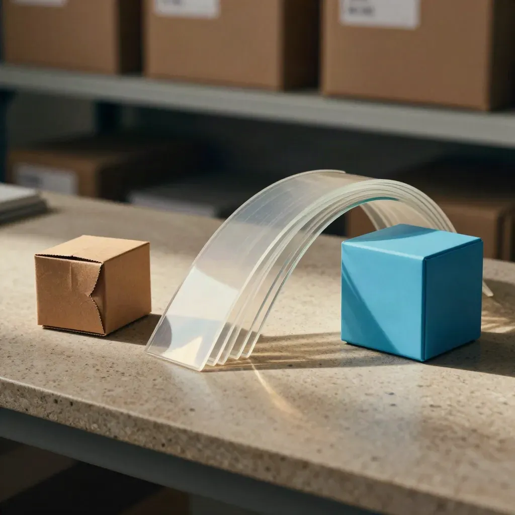 Translucent sync tiles, carton and blue routing cube on a limestone packing bench.