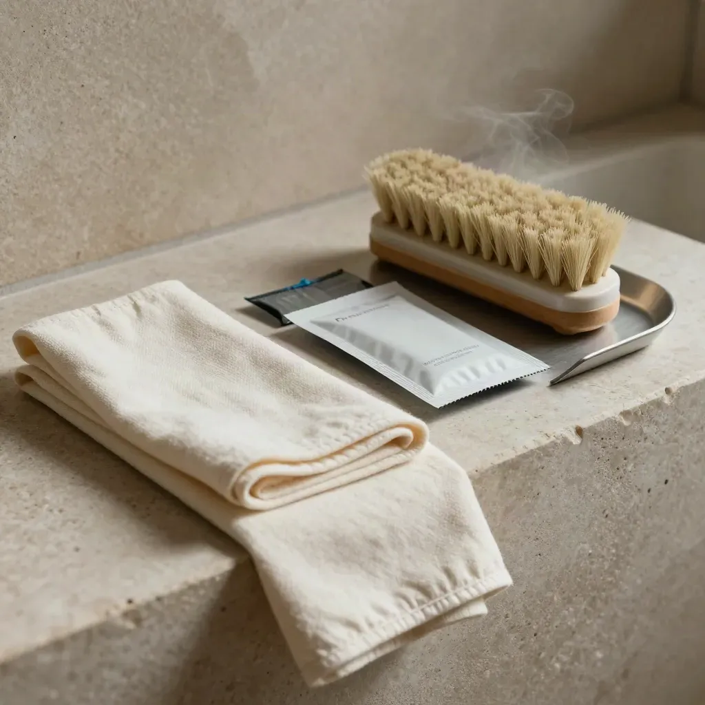 Store-care kit of cloth, tray, brush and packet on pale stone with soft steam
