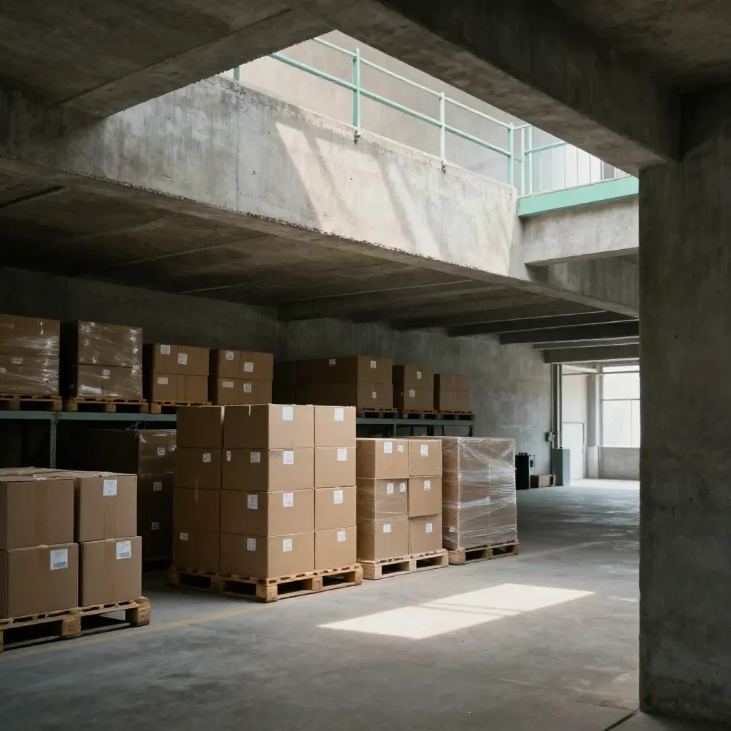 Concrete warehouse mezzanine with pale shelving, cartons, dust-lit rafters and calm copy space.