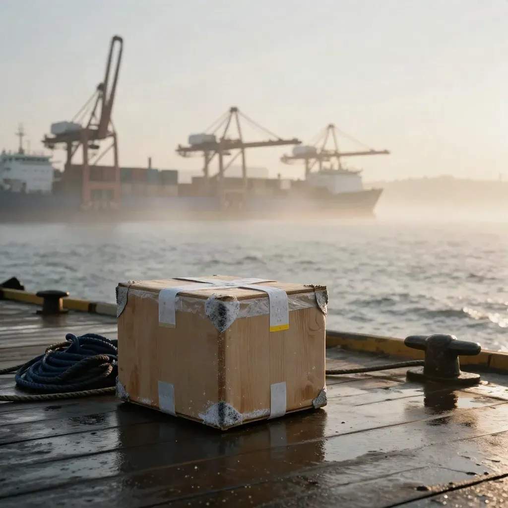 Sunlit coastal loading bay with wet timber, parcel crate and blurred harbour cranes in sea haze.