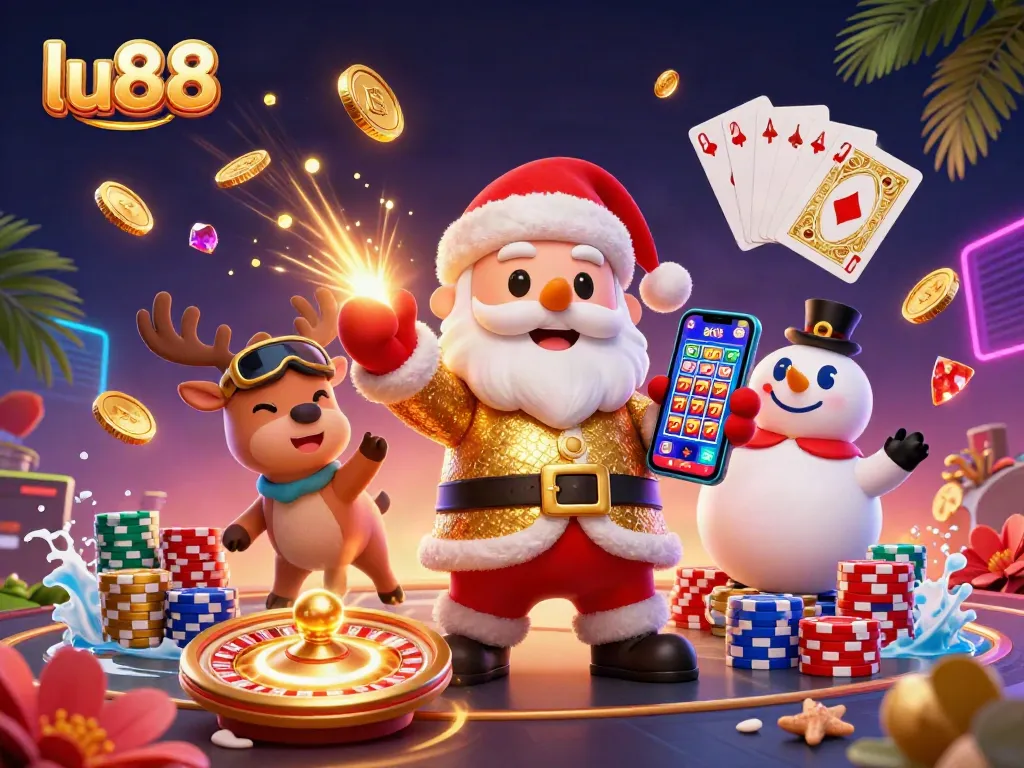Win big at lu88 with Santa and friends in a vibrant casino-themed digital art scene.