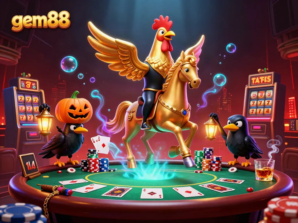 Engage in thrilling gameplay at gem88 with dynamic casino elements like poker, slots, and vibrant characters.