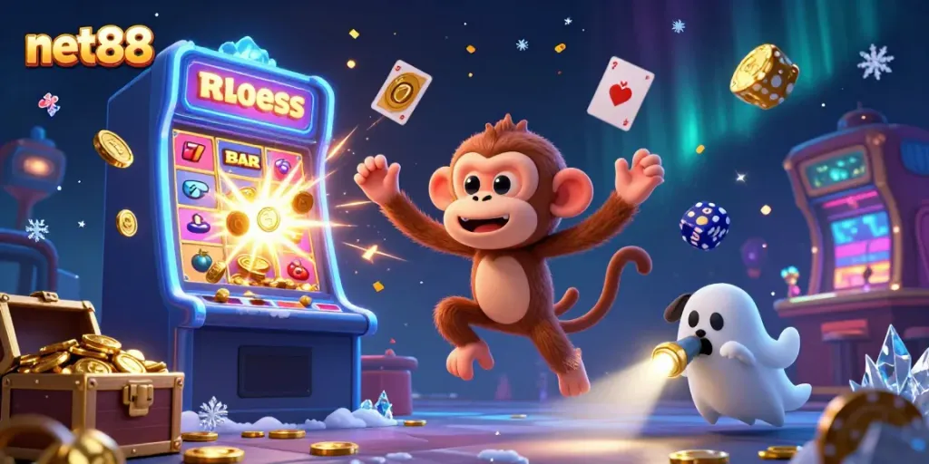 Experience thrilling wins with net88's vibrant casino scene featuring members like a mischievous monkey.