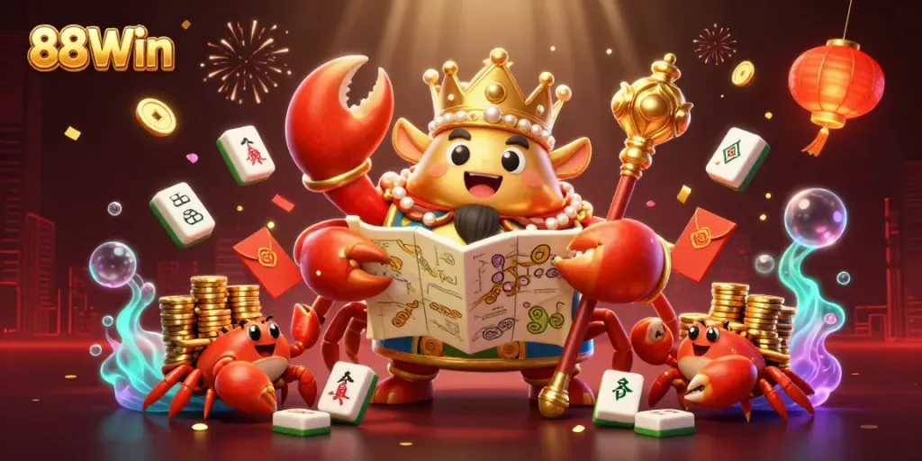Engage in thrilling gameplay at 88Win with an imaginative casino scene featuring vibrant characters and iconic game elements.