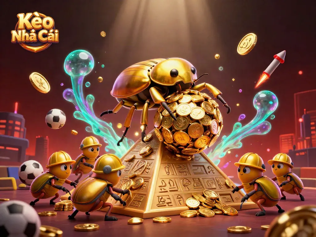 Engage with Kèo Nhà Cái while witnessing a beetle rolling gold coins in a vibrant casino-themed scene.