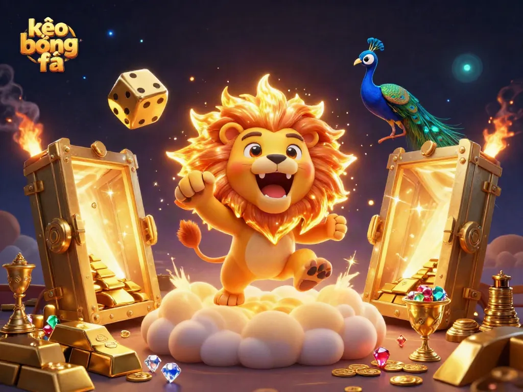 Experience thrilling moments in kèo bóng đá with a roaring lion and golden treasures.