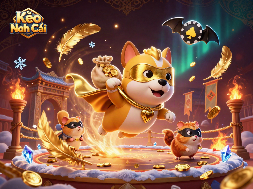 Kèo Nhà Cái showcases a heroic dog in a dynamic casino scene with gold coins flying, embodying thrilling betting excitement.