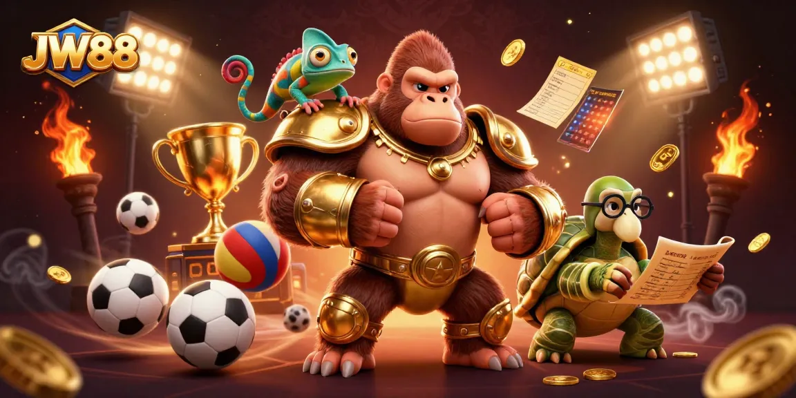 Experience the thrill of JW88 with a dynamic 3D casino scene showcasing exciting sports betting elements.
