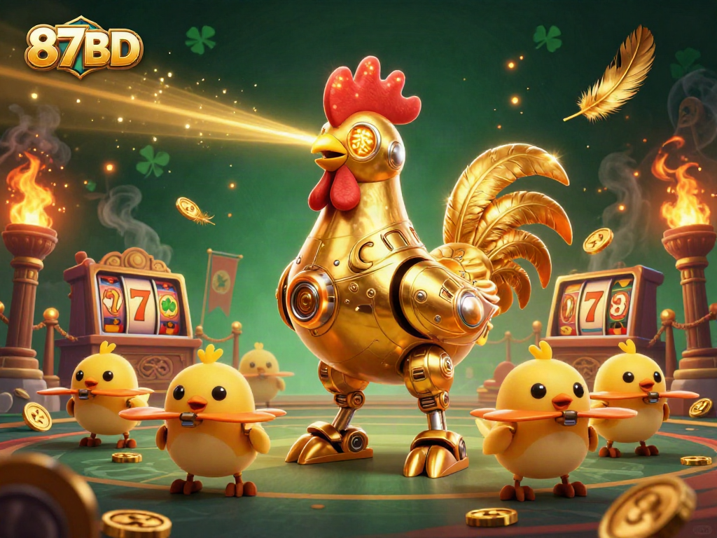 Engage with 87BD in a vibrant 3D casino scene featuring a golden rooster robot and lucky elements.