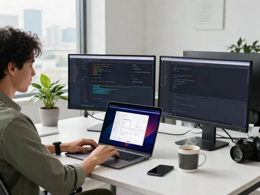 Developer using instant indexing tools in a modern workspace for efficient coding.