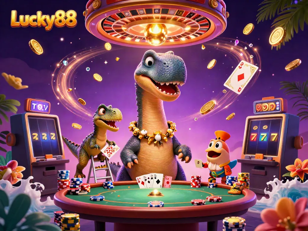 Lucky88 showcases thrilling casino action with a giant brontosaurus, raptor dealer, and dazzling gaming elements.