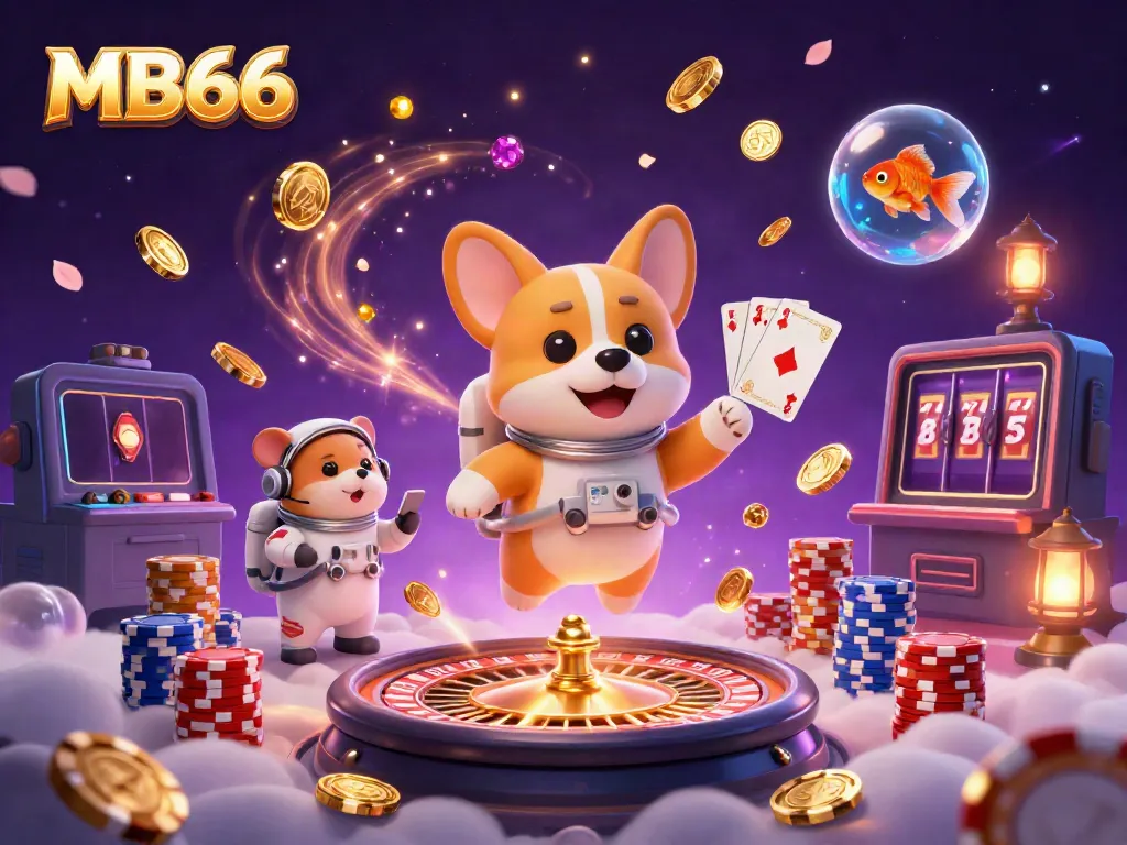 Play and win at MB66 with a floating cartoon corgi in a cosmic casino filled with poker chips and coins