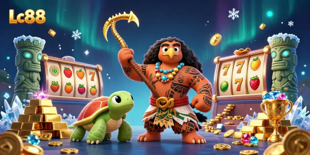 Spin the reels of Lc88 slots with tropical demigod characters amidst treasures and gems.