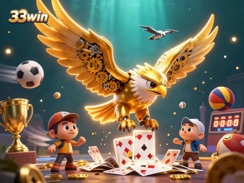 Engage with 33win's thrilling online betting experience featuring a golden eagle and holographic cards.