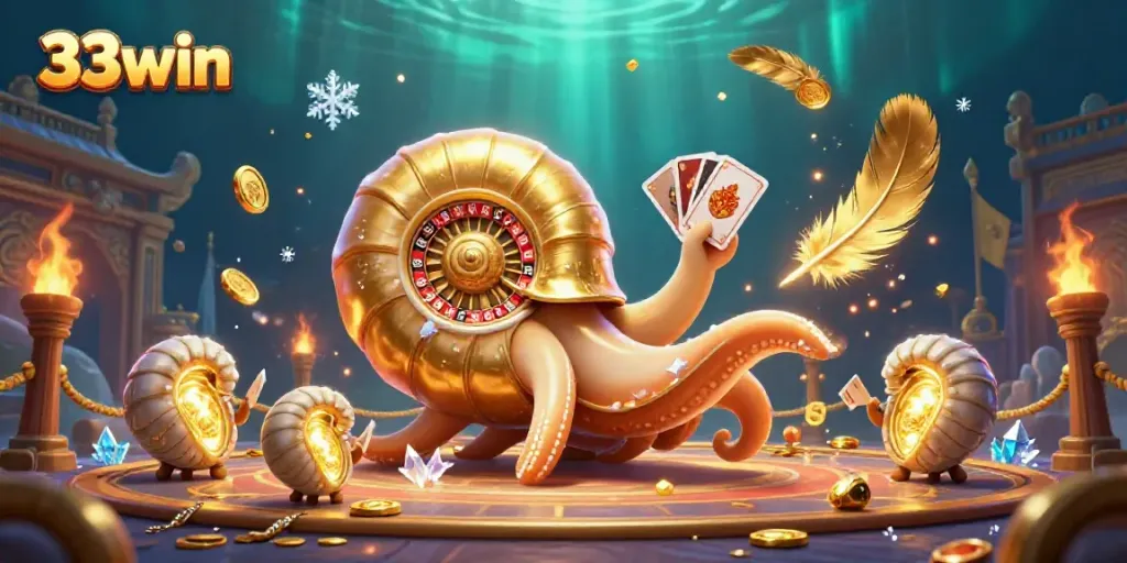 Experience the thrilling games at 33win with a vibrant 3D illustration of a mystical nautilus as a roulette wheel surrounded by golden treasures.