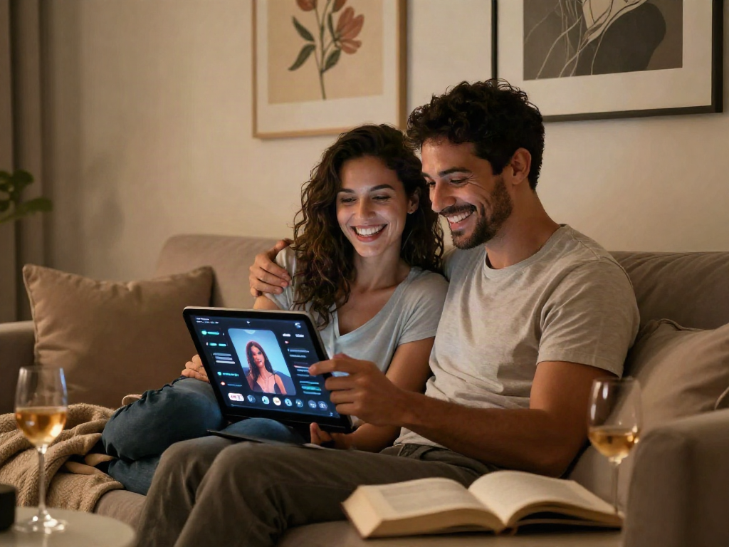 Couple using AI sex technology on a tablet in a cozy living room setting.
