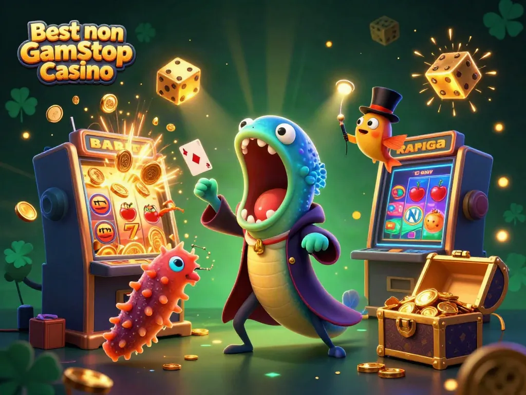 Engage with the Best non Gamstop Casino featuring vibrant characters performing card tricks and dynamic casino elements.