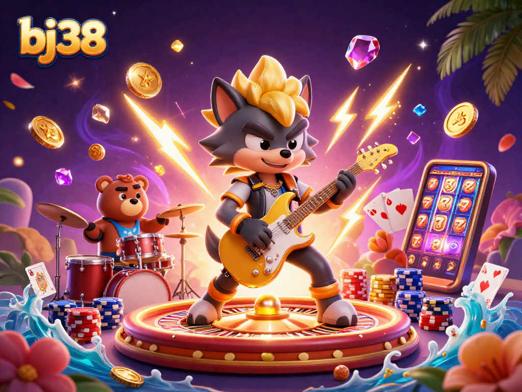 Join the excitement at bj38 with a lively casino stage featuring a rock star wolf and a wild drummer bear.