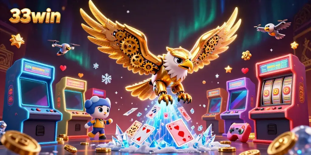 Engage in thrilling gameplay with 33win as cybernetic characters dive through holographic cards in an exciting casino world.