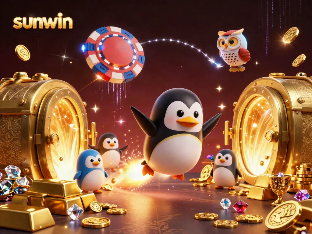 Watch the sunwin golden penguin race through space towards a vibrant casino space station.