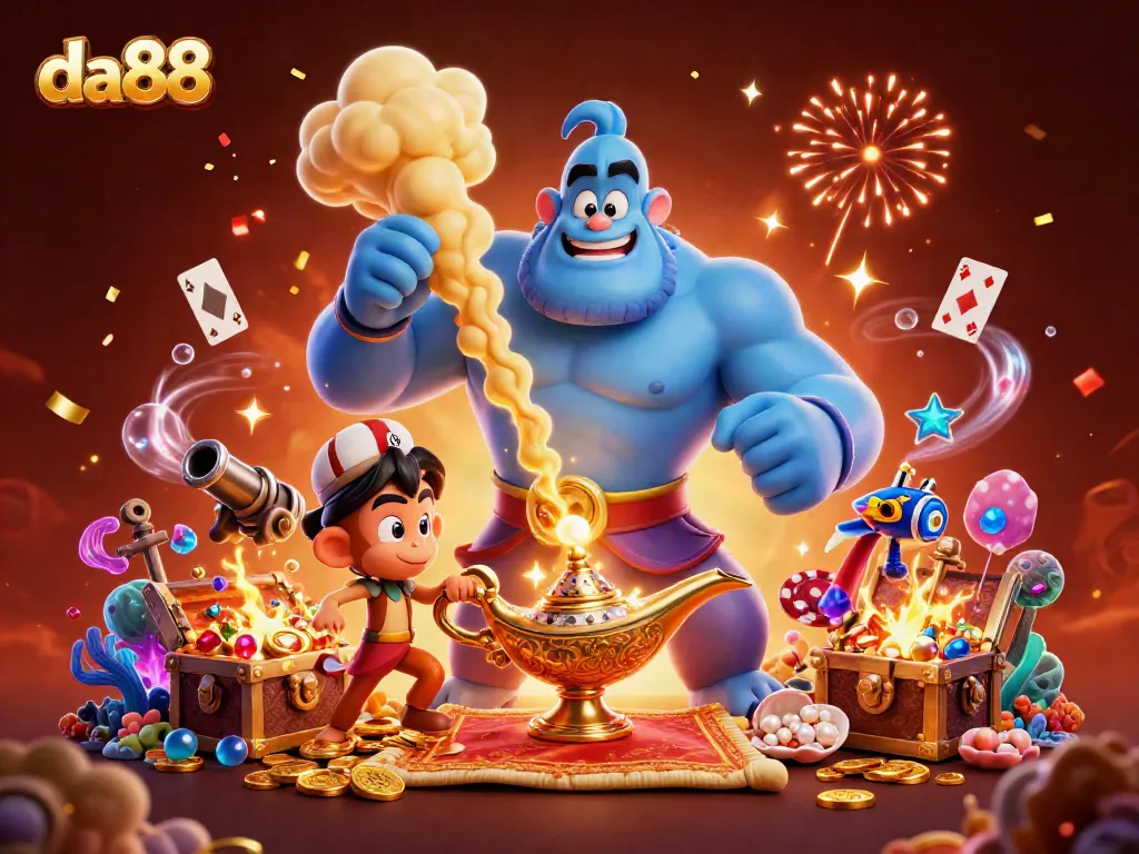 Engage with da88's magical casino adventure, featuring a genie, poker chips, and treasure.