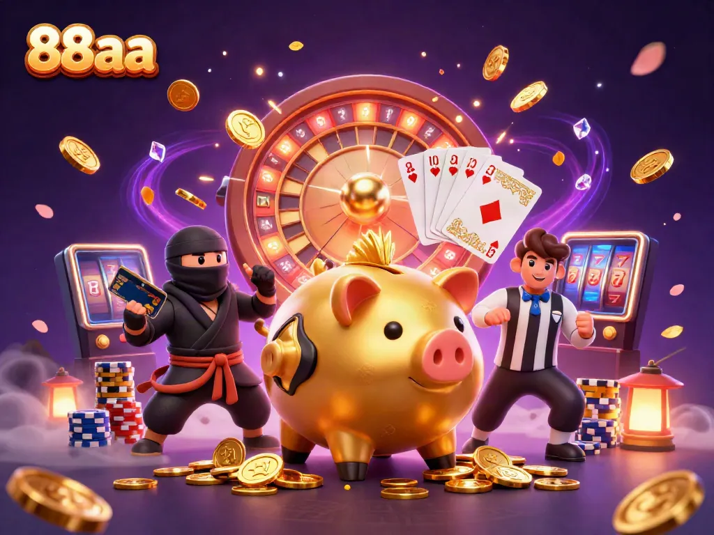 Experience the thrill of 88aa as a golden piggy bank wrestler battles with vibrant casino elements.