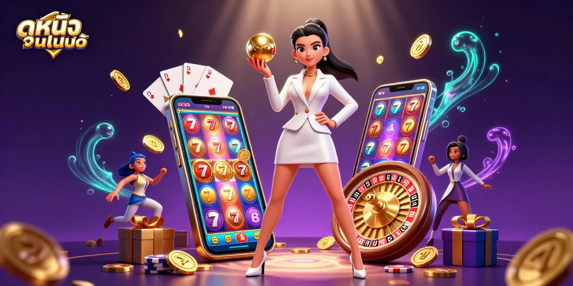 Engage with ดูหนังออนไลน์ as the beautiful Asian woman holds a golden roulette ball surrounded by dynamic casino elements.