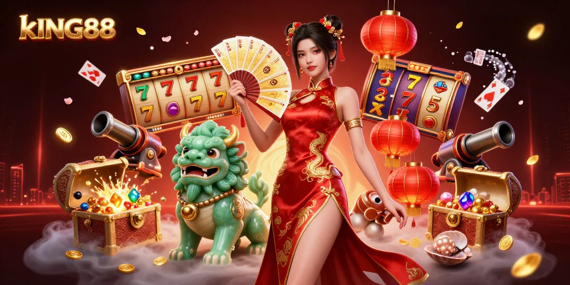 Play golden cards and spin the reels at kING88, featuring vibrant slot game elements in a captivating scene.