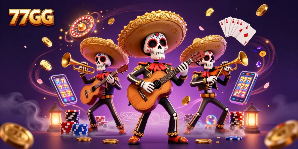 Experience the excitement of betting at 77GG with colorful mariachi skeletons amidst sparkling casino elements.
