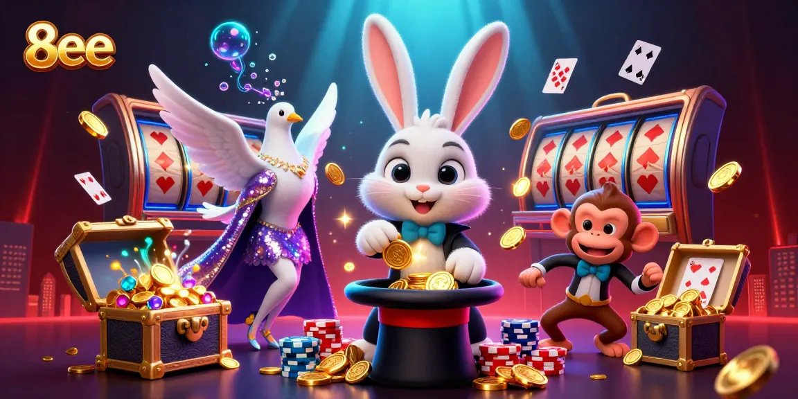 Engage with the vibrant world of 8eee as a magician rabbit conjures golden coins, capturing the thrill of online gaming.