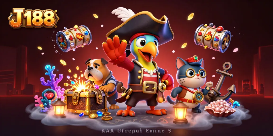 Engage in gaming excitement at J 188 with treasure, characters, and fun activities in a vibrant casino scene.