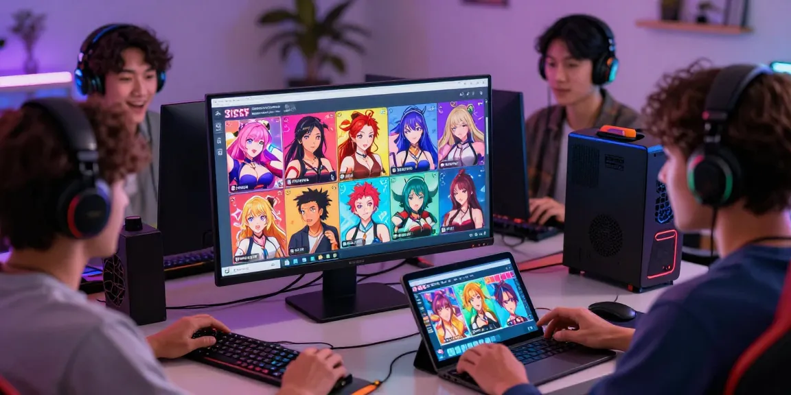 Players enjoying a sissy hentai game on colorful digital devices in a vibrant gaming environment.