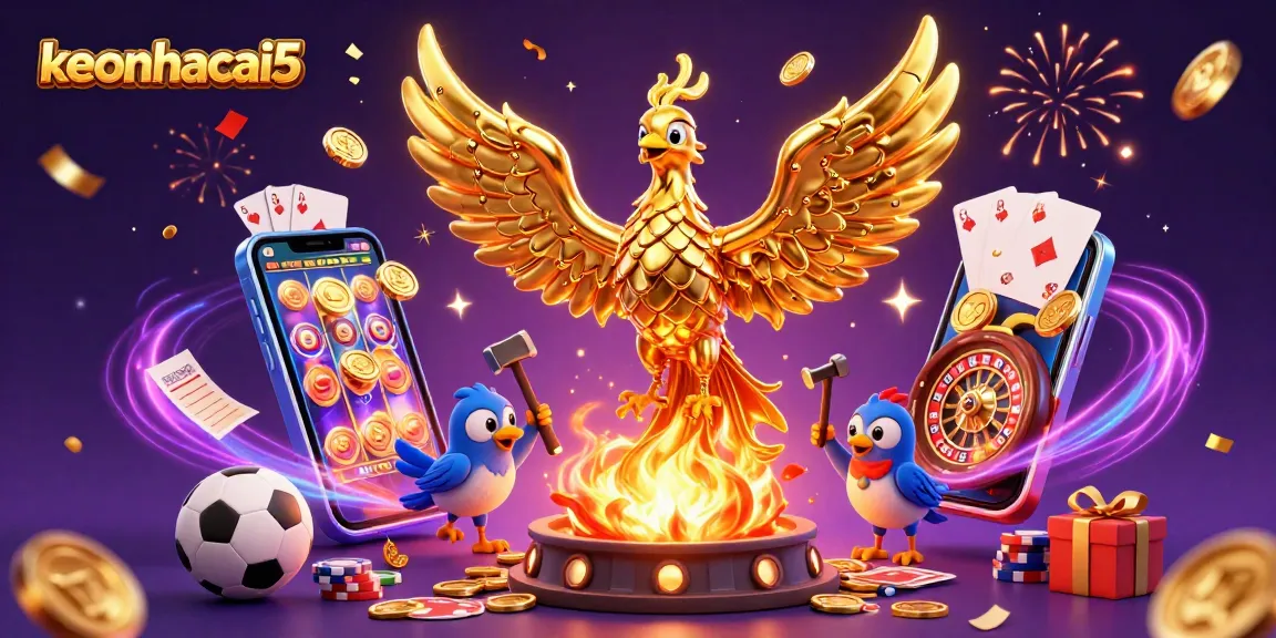 Engage with keonhacai5 and experience online sports betting thrills alongside a golden phoenix emerging from a forge.