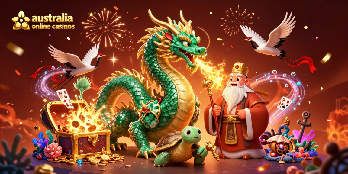 Experience the thrill at australia online casinos with a dragon and lucky symbols in a vibrant scene.