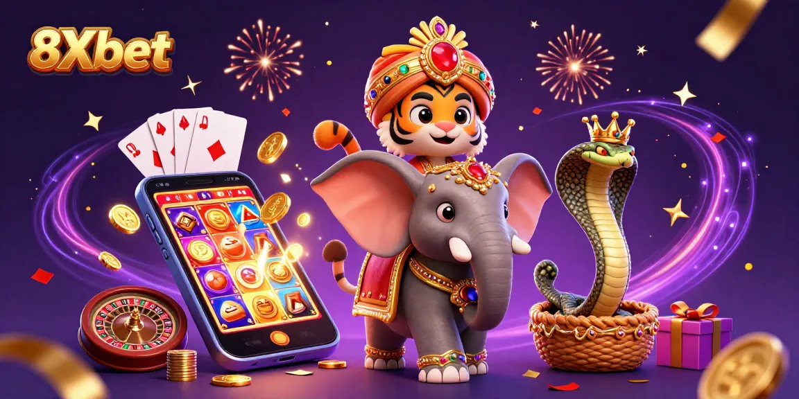 Experience the thrilling atmosphere of 8Xbet casino gaming with vibrant characters and dynamic game elements.
